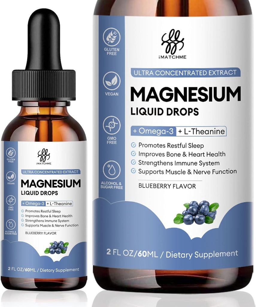 Magnesium Glycinate Flüssigkeit, Magnesium Complex Supplement mit Omega3, L-Theanin und Vitamin für Kalm, Schlafunterstützung, Muskelentlastung, Non GMO, Blueberry Flavor, 2 Fl Oz