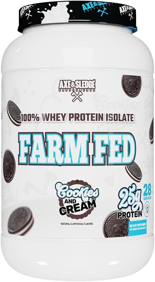 Axe & Sledge Farm Fed 100% Whey Protein Isolate | 25g Protein | Low Carb, Low Sugar, Gluten Free | Protein Pulver für Männer und Frauen | Keto | Made in USA | 28 Servierungen, Cookies und Creme