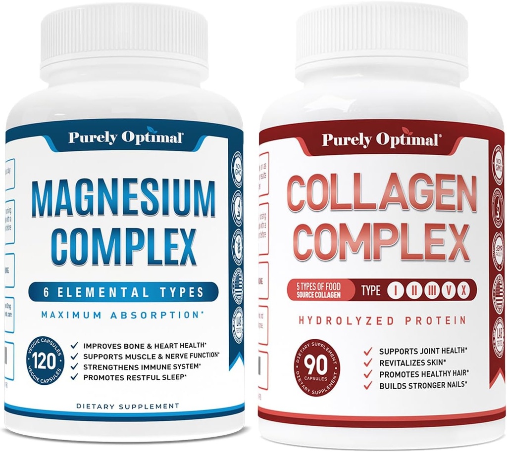 Rein optimaler Premium-Magnesium-Komplex - Magnesium-Zitrat, Malat, Muskelentspannung - 120 Kappen + Rein optimaler Premium-Multi-Kollagen-Peptid-Kapseln (Typen I, II, III, V, X)