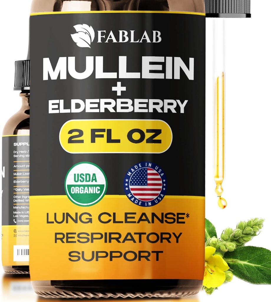 FabLab Mullein Blatt Extrakt mit Elderberry 2 Fl Oz - Made in USA - Tropfen für bessere Lung - Mullein Tincture für Lung Detox - Bronchial Cleanse für Raucher - Respiratorische Kräuterergänzung