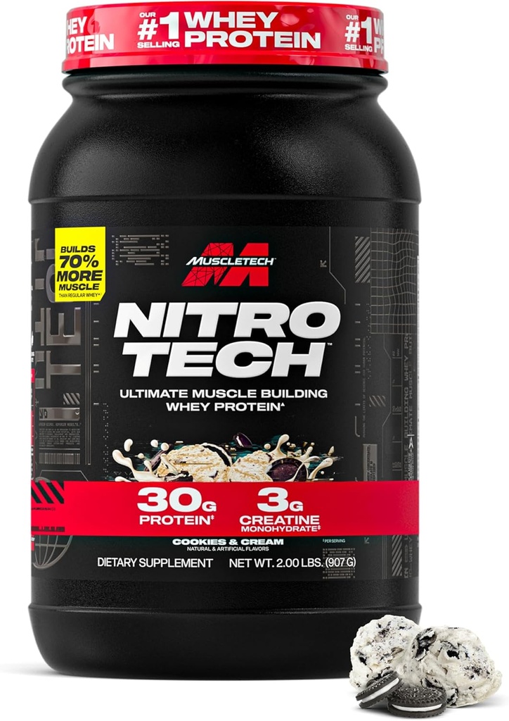 Muscletech Whey Protein Powder (Cookies & Cream, 2.2 Pound) - Nitro-Tech Ultimate Muscle Building Formula mit Whey Protein Isolate - 30g Protein, 3g Creatine & 6.8g BCAA - Packaging May Vary