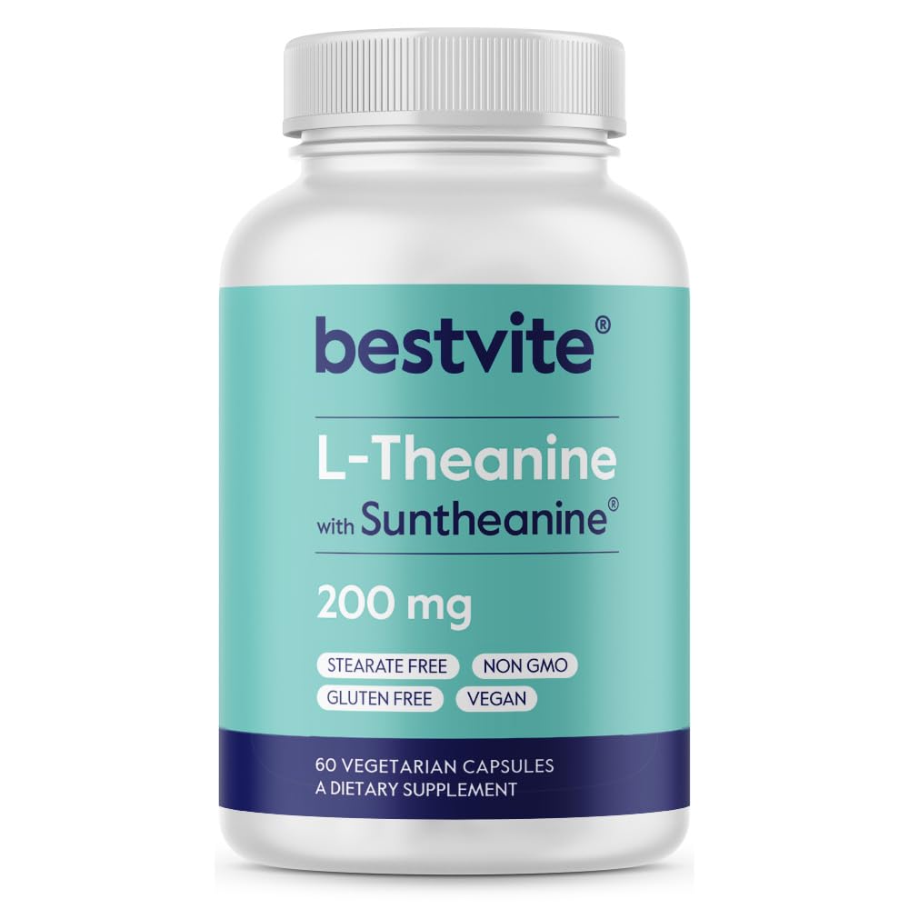 BESTVITE Double Strength Suntheanine L-Theanine 200mg – Patentiert & Klinisch studiert – 60 Vegetarische Kapseln – Vegan – Keine Stearaten – Non GMO – Glutenfrei – Entspannungsunterstützung
