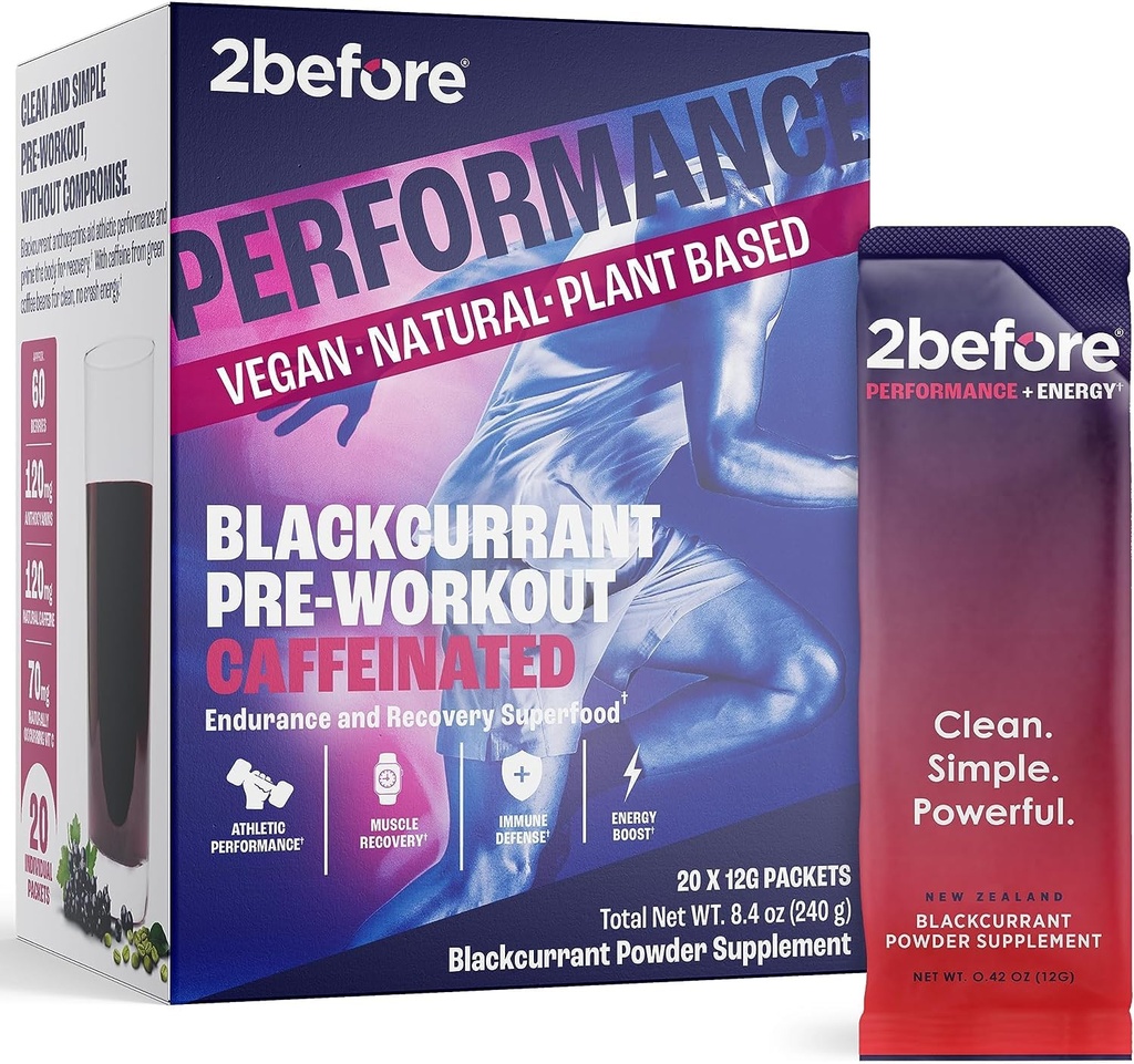 2vor All Natural Vegan Pre Workout, mit 120mg Koffein I Clean Energy, Endurance, Recovery I Pre Workout Frauen und Männer I 20 x Informierte Sport-zertifiziert I Blackcurrant