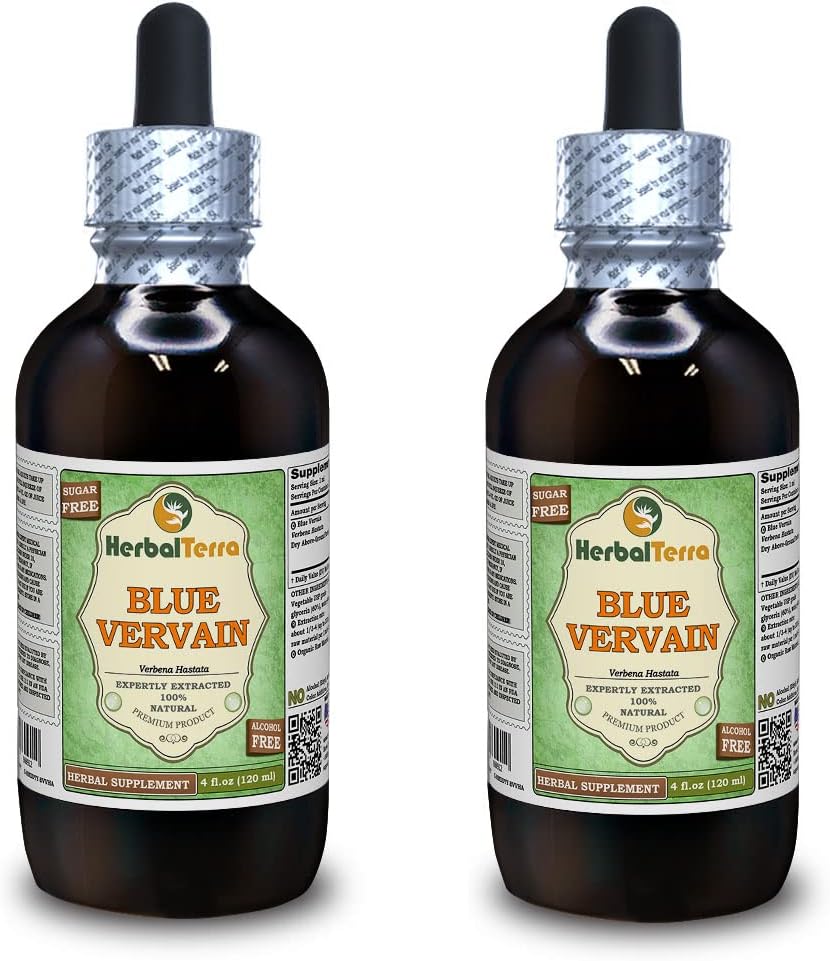 Blaue Vervain (Verbena hastata) Glycerit, Organisch Getrocknete Ober-Ground-Teile Alkoholfreier Flüssigextrakt (Markenname: HerbalTerra, Proudly Made in USA) 2x4 fl.oz (2x120 ml)