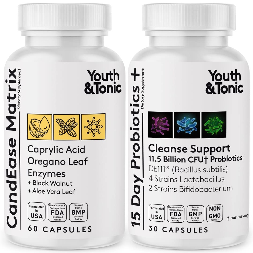 Youth & Tonic Oregano & Caprylic Acid Gut Health Supplement mit Probiotics & Kräuter für Gut Flora Balance, Verdauung & Darm Gesundheit und Immununterstützung – 90 Kapseln