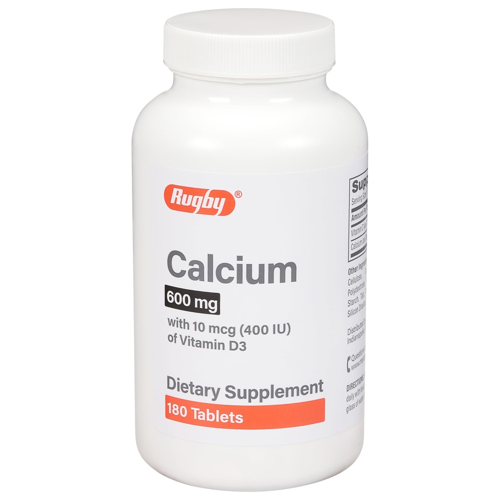 Rugby 600mg Calcium Tabletten - Hergestellt mit 10mcg (400IU) Vitamin D3 - Nahrungsergänzung - 180 Count (1 Packung)