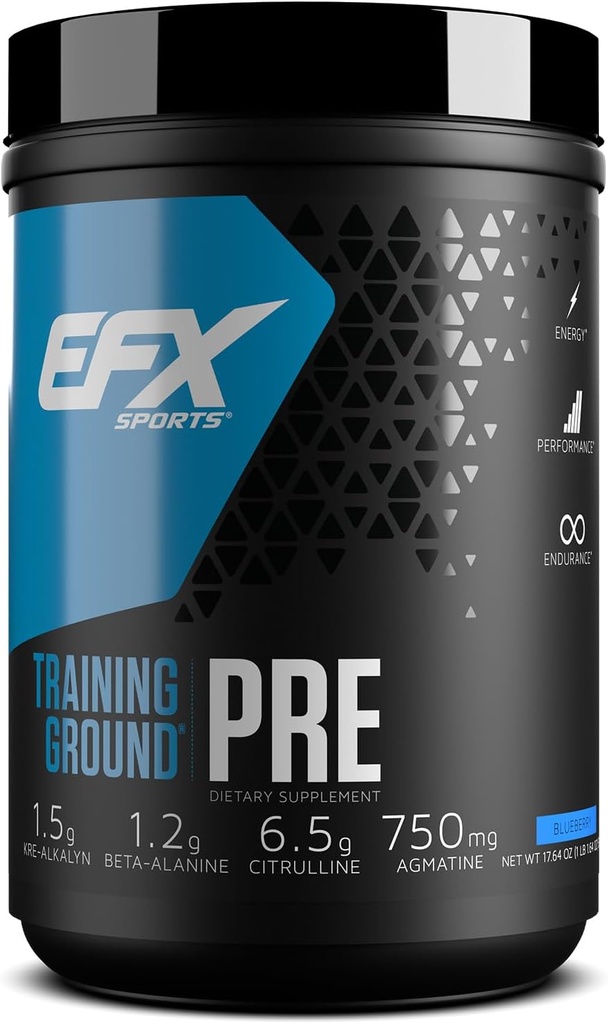 EFX Sports Training Ground Pre Workout Powder | Energy & Muskelpumpen | mit Hydromax Glycerol, Citrulline, Beta Alanine | 300mg Koffein | 20 Servierungen (Blueberry)