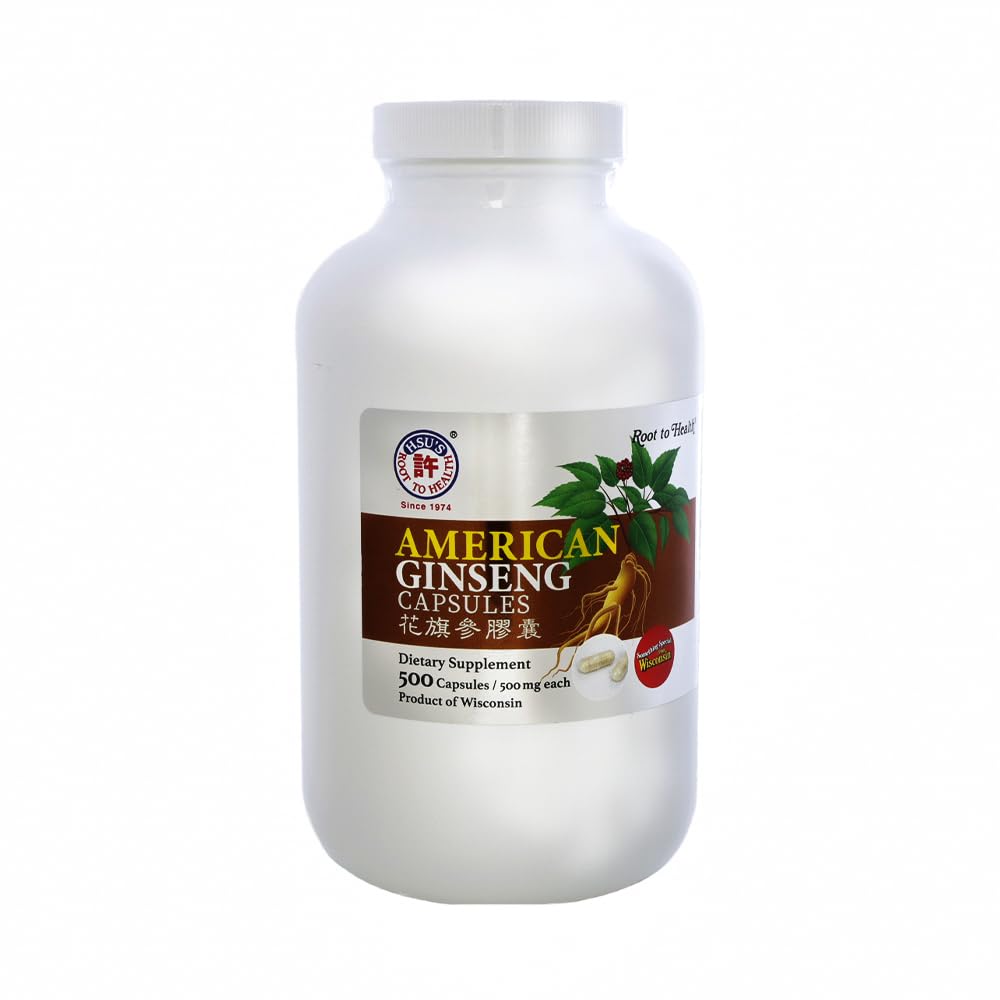 Hsu's SKU 1005 American Ginseng Capsules– Premium Wisconsin-Grown Ginseng Root Powder Supplements 花 花 花 西 ¢ 西 Nicht-GMO, Vegan, Gluten-Free, Energy & Wellness Support- 500ct