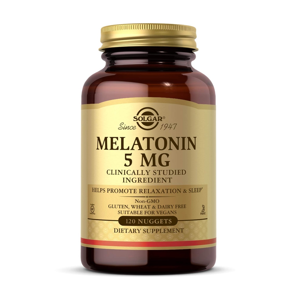 Solgar Melatonin 5 mg, 120 Nuggets - Hilft, Entspannung und Erholung zu fördern - Klinisch untersuchtes Melatonin - Vegan, glutenfrei, Milchprodukte frei, koscher - 120 Portionen