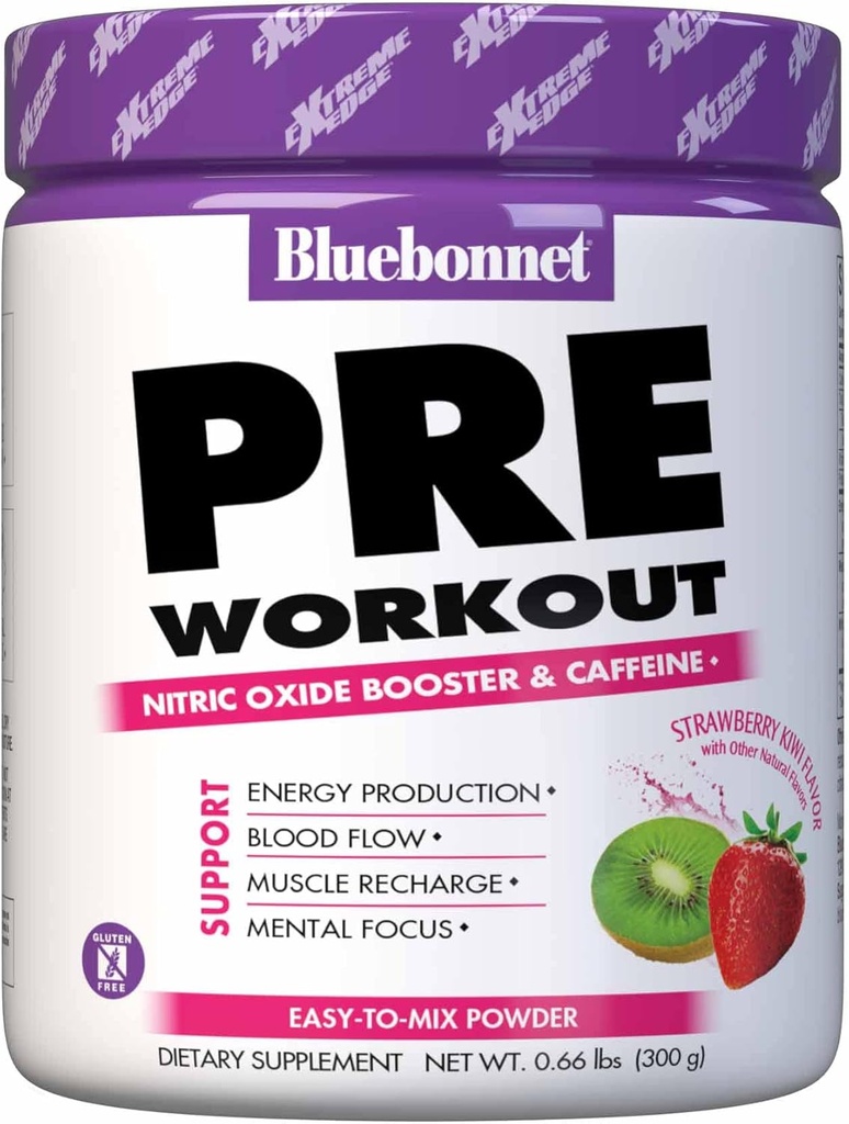 Bluebonnet Nutrition Extreme Edge Pre Workout, Muscle Recharging Formula*, Erhöht Nitric Oxide (NO) Levels*, Soy-Free, Dairy-Free, Erdbeer Kiwi, 30 Servietten, 10.56 Unze