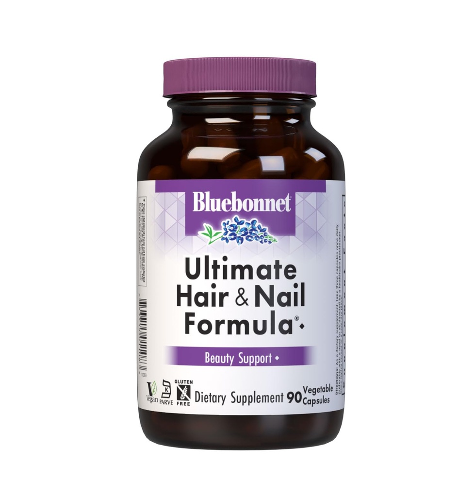 BlueBonnet Nutrition Ultimate Hair and Nail Formula, Vitamine, Mineralstoffe, Spezialitäten Nährstoffe für Schönheit innerhalb, Glutenfrei, Kosher-Certified, Dairy-Free, Vegan, 90 Gemüsekapseln, 30 Servierungen, Weiß