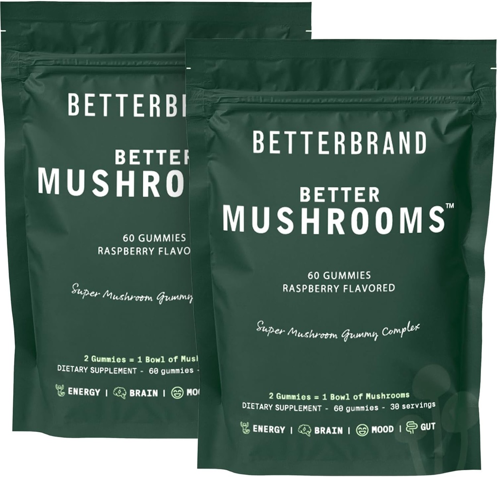 Betterbrand BetterMushrooms Nootropic Gummies - Unterstützt besseres Gut Gesundheit, kognitive Funktion, Psychische Klarheit mit 10 funktionellen Pilzen - 60 Gummis - Himbeere Geschmack - Pack von 2