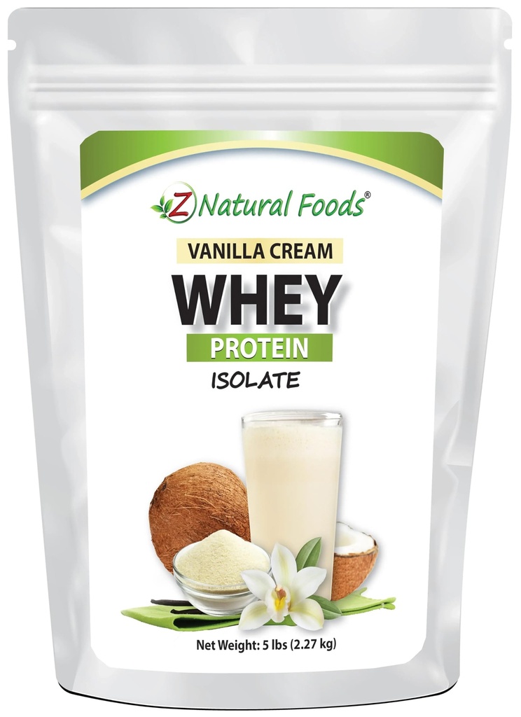 Z Natural Foods Vanilla Cream Whey Protein Isolate, Nutrition-Rich, Flavorful Protein Powder for Heart Health and Immunity, Great in Tea, Kaffee, Smoothie, Non-GMO, Gluten-Free, Kosher, 5 lbs
