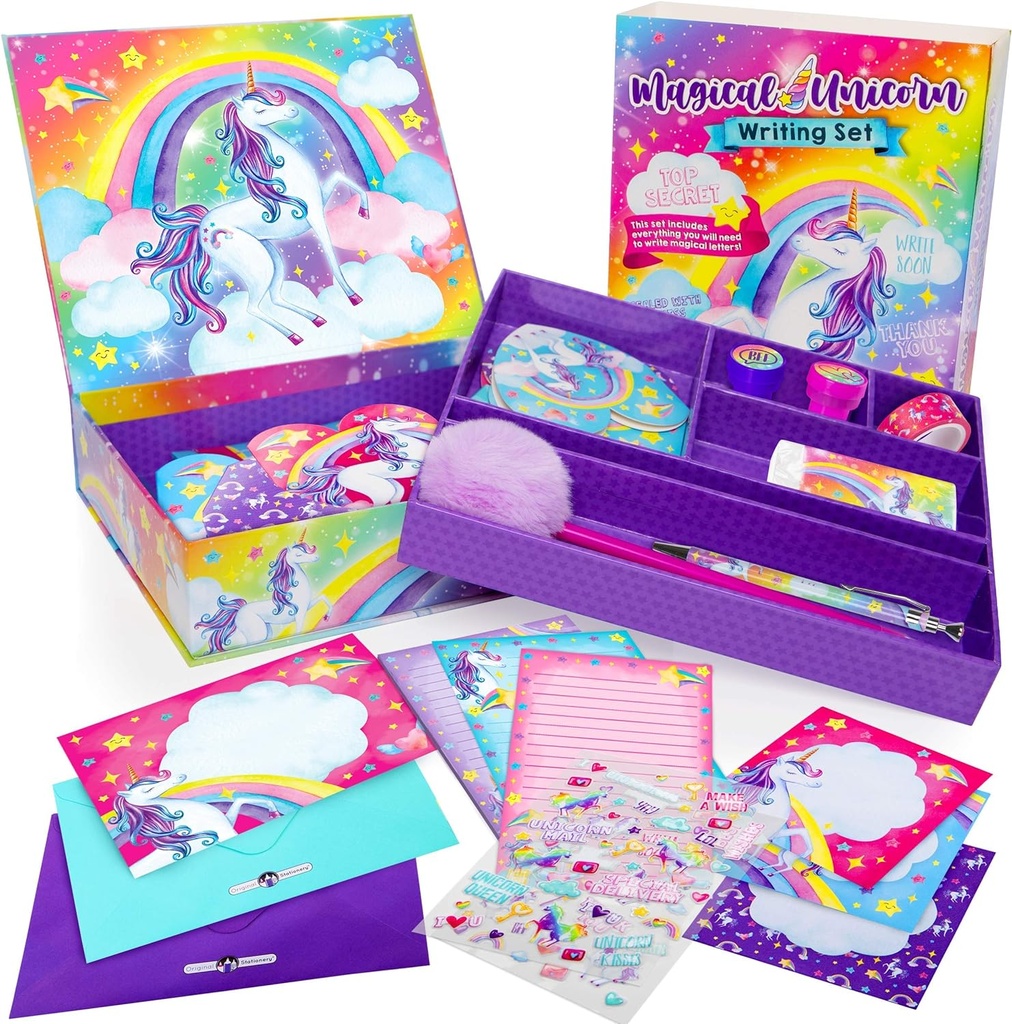 Original Schreibwaren Unicorn Letter Writing Kit - 45-Piece Multi-Color Papier & Aufkleber Set mit Purple Storage Box - Briefpapier für Mädchen