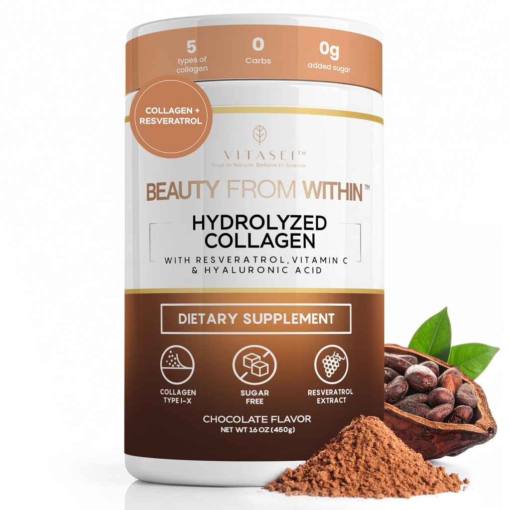 Hydrolysiertes Collagen Peptide Pulver mit Vitamin C & Resveratrol - Haar, Haut und Nägel Vitamine für Frauen & Männer - Knochen und Joint Supplement - Schokolade Flavored - 16 oz