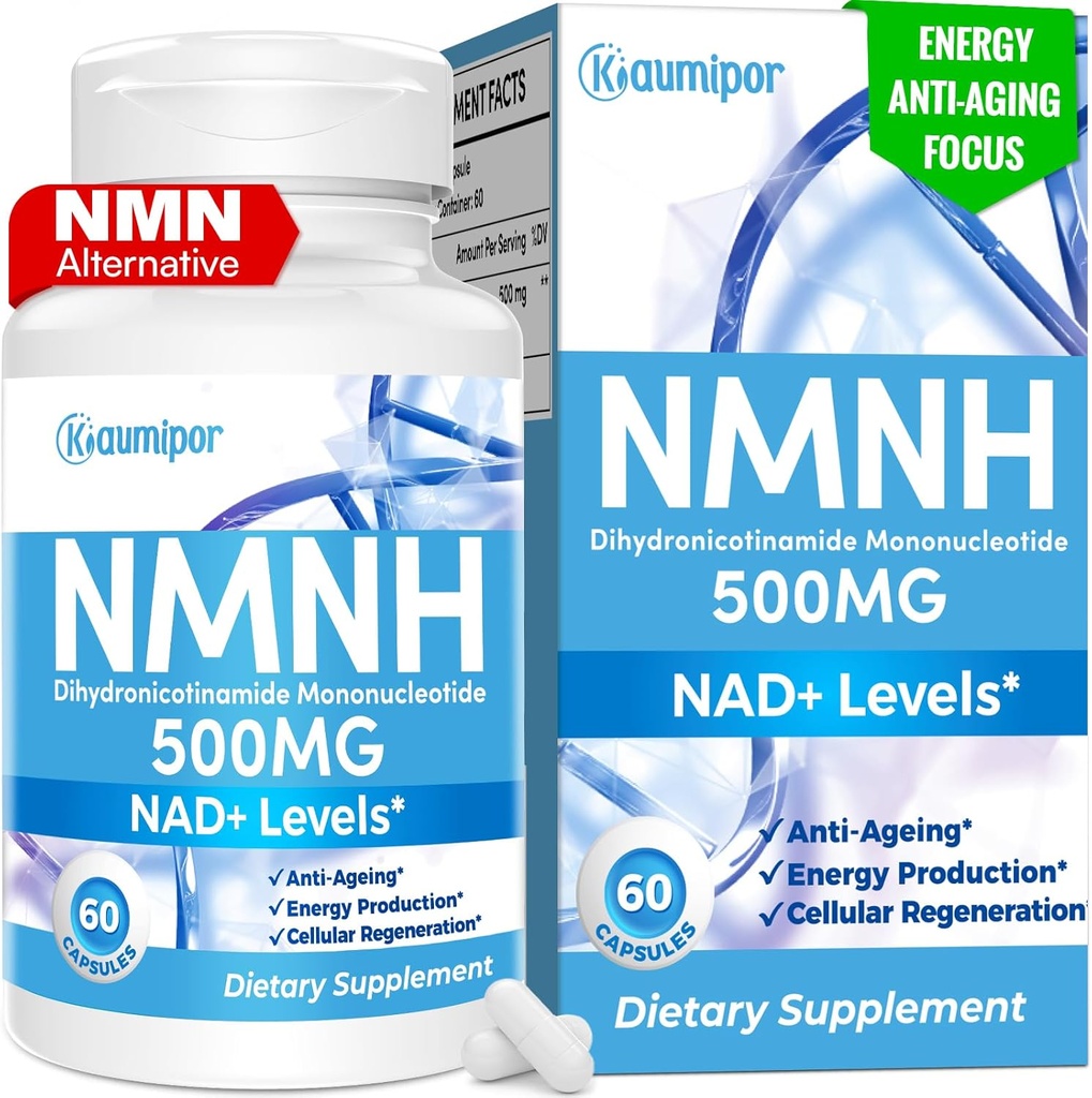 NMNH (Dihydronicotinamid Mononukleotid) NMN Alternative Supplement, 500 mg Pro Servieren NAD Ergänzung zu Boost NAD+ Levels, für Anti-Aging, Energie, Immunität, Fokus, 60 Vegan Kapseln
