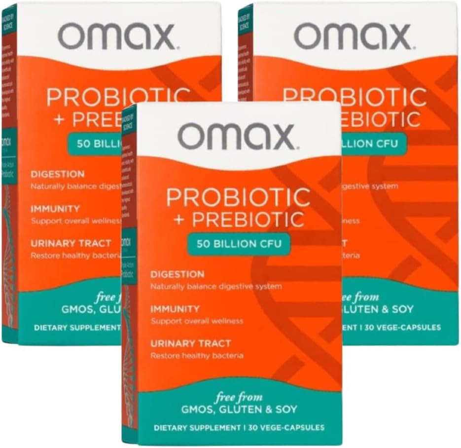Omax3 Prebiotic & Probiotic 50 Billion CFU + Chicory Inulin, 10 Strain, Reduzieren Bloating, Digestion, SIBO, Leaky Gut, Vaginal pH, Acidophilus, Vegan, Dairy Free, Glutenfrei, Blister verpackt (2 Pack)
