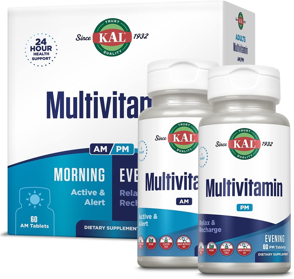 KAL Multivitamin AM/PM, 2-in-1 Damen und Herren Multivitamins Supplements, Turmeric, Tart Cherry, Organic Matcha und Spirulina für Immune, und Cellular Support, Glutenfrei, 30 Servietten, 120 Tabletten