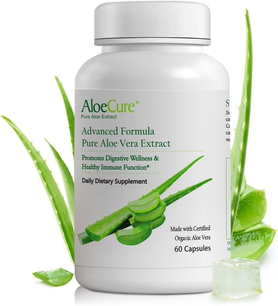 AloeCure Bio Aloe Vera Kapseln, 130.000mg Innere Aloe Blatt Equivelant per Servieren, Unterstützung Gut Gesundheit & Verdauungskomfort, Stomach Säure Puffer, natürliche Immunergänzung, Aloin Free, 60 Kapseln