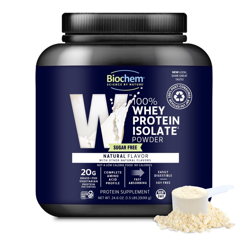 Biochem 100% Whey Isolate Protein Powder - Grass Fed, Low Carb, Keto-Friendly, Non-GMO, Gluten-Free - Unterstützt Immun-Gesundheit & Muskel-Recovery 20g Vegetarian Protein per Servieren - Natürliche Geschmack,1,5lb