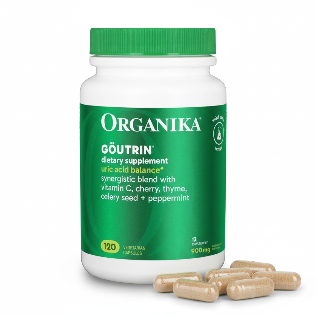 Organika Goutrin Uric Acid Flush für Gout (120 Caps): Gentle Gout Unterstützung mit Kirsche, Thyme, Celery Seed, Peppermint, & VIT C: Clean & Vegan Gout Ergänzungen für Männer & Frauen - Metabolismus & Mobilität