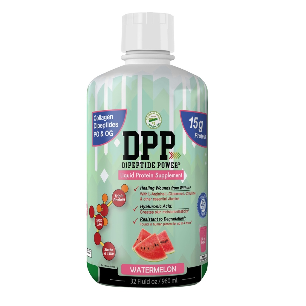 Ernährungsdesigns DPP Dipeptide, Wound-Healing Liquid Collagen & Whey Protein Supplement, Sugar-Free, fördert gesunde Haut und Haar für Männer & Frauen (Watermelon, Flasche, 32 Fl Oz)