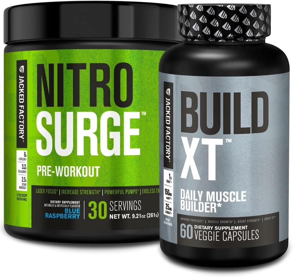 Jacked Factory Nitrosurge PreWorkout in Blue Raspberry & Build XT Muskelaufbau Bundle für Männer und Frauen
