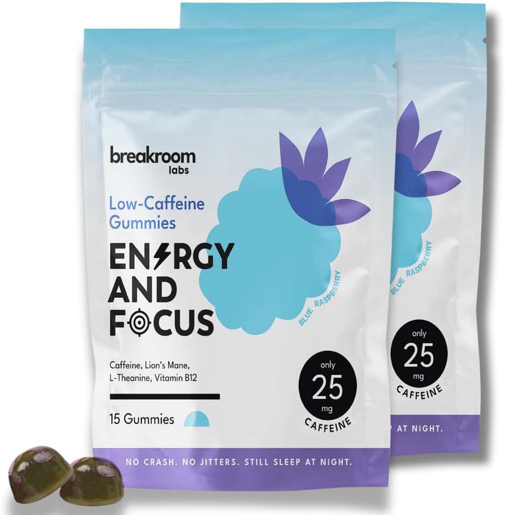 Breakroom Labs Energy and Focus Gummies – Low Caffeine 25mg w/L-Theanin, Lions Mane, Vitamin B12 – Nootropic Brain Supplement für Erwachsene, Kinder - Vegan, Low Sugar, Blue Raspberry Flavor, 30 Portionen