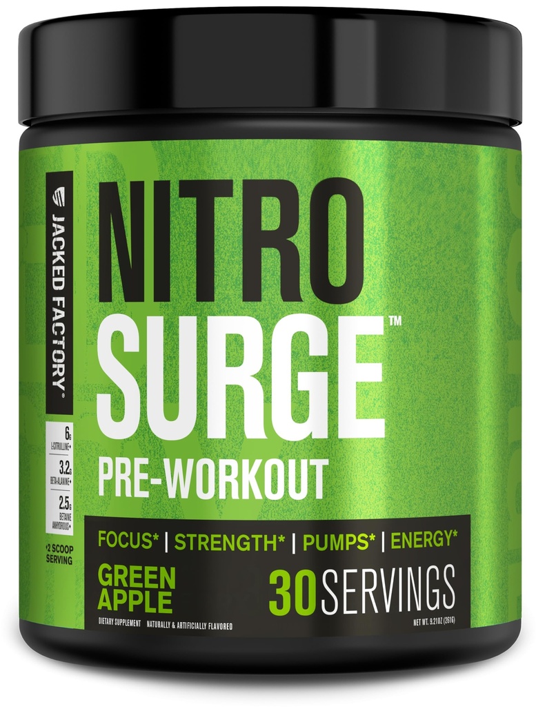 Jacked Factory NITROSURGE Pre Workout Supplement - Endless Energy, Instant Strength Gains, Klarer Fokus, Intensivpumpen - NO Booster & Powerful Preworkout Energy Powder - 30 Portionen, Grüner Apfel