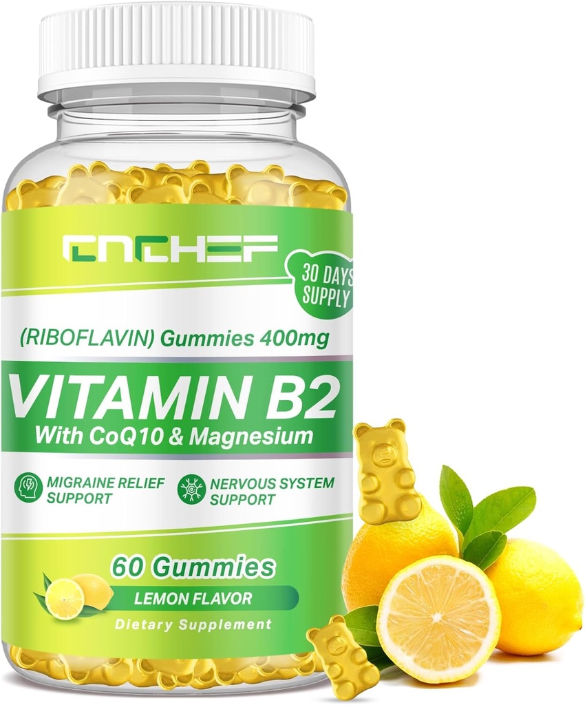 Vitamin B2 Gummi für Erwachsene & Kinder - Riboflavin 400mg Beilage mit Magnesium Glycinat & CoQ10, Unterstützung Migraine Relief & Nervous System, Boost Energy, Sugar Free Vegan B2 Gummis Zitronen Flavor