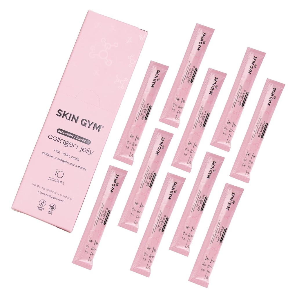 Skin Gym Collagen Jelly 10-Pack, Marine Collagen, Vitamin C & Hyaluronsäure, Tägliche Beauty-Ergänzung für Haar, Haut und Nägel, Erdbeer-Flamour, 10 Pack