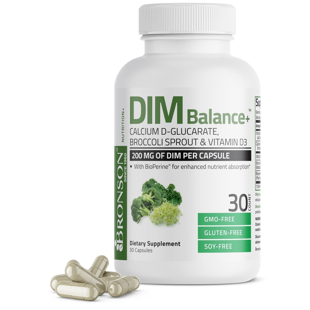 Bronson DIM Balance+ Calcium D-Glucarate, Broccoli Sprouts and Vitamin D3 200 MG of DIM per Capsule Supports Estrogen Metabolism and Balanced Hormone Levels Non-GMO, 30 Vegetarian Capsules