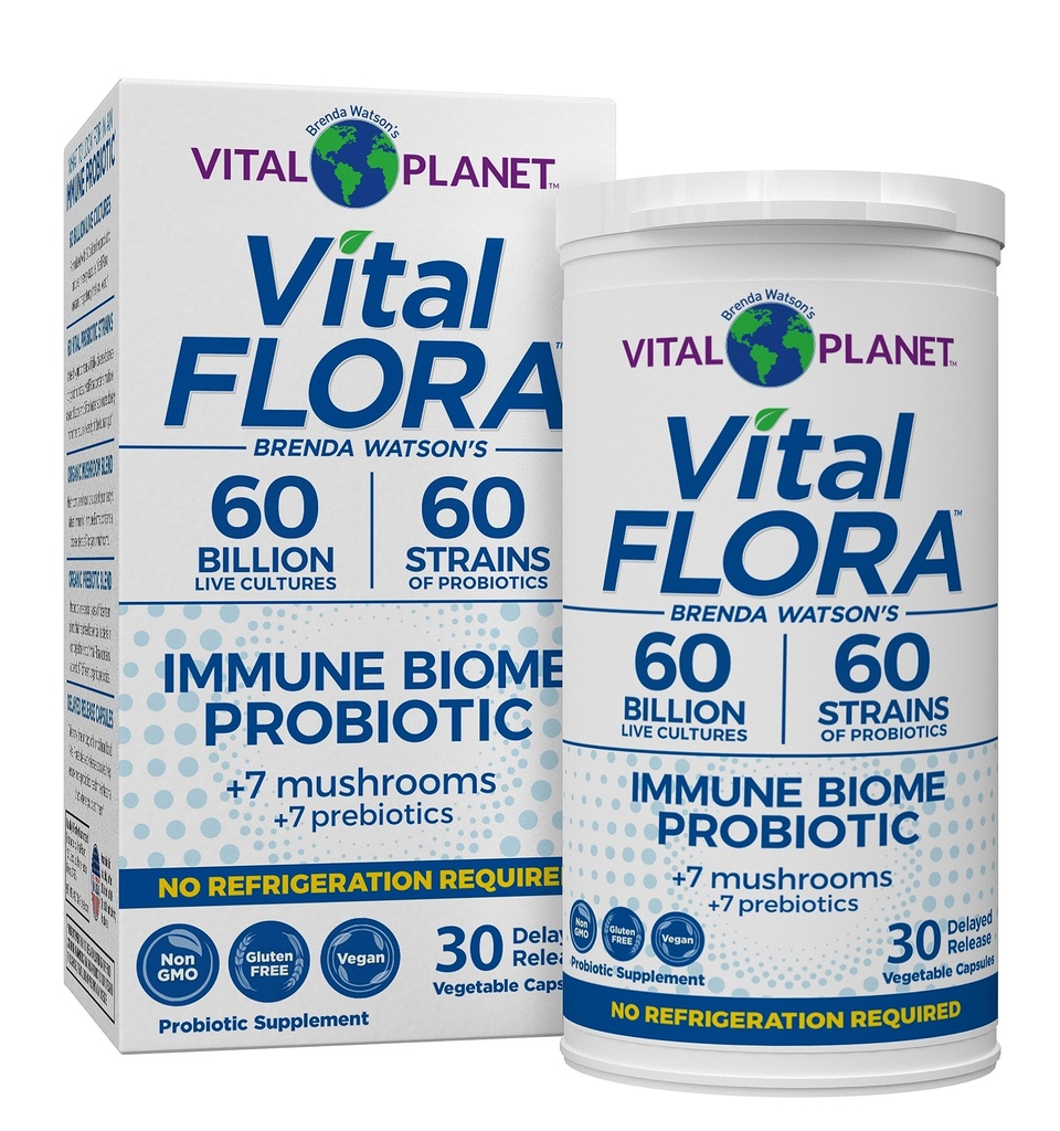 Vital Planet - Vital Flora Immune Support Probiotic, 60 Billion CFU, 60 Diverse Strains, 7 Organic Mushroom Supplement Blend mit Präbiotika, Regal Stable Digestive Health Probiotics 30 Kapseln