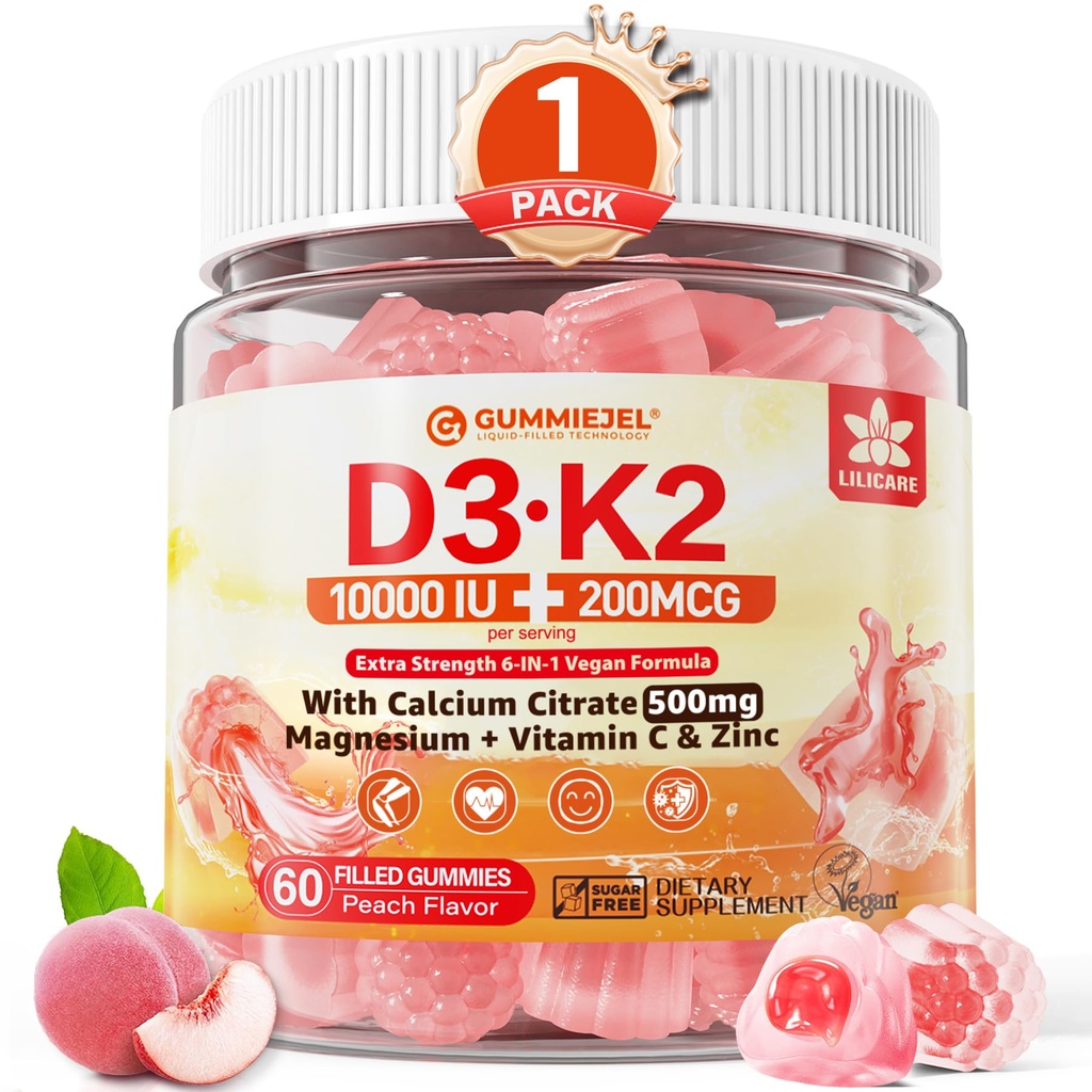 Vitamin D3 K2 Gummie 5000IU / 10.000 IU mit 500mg Calcium + K2(MK-7) 200mcg, Magnesium, Vitamin C & Zink, Extra Strength - Ultimative Absorption für Knochen, Muskeln, Zähne, Vegan, 60 Graf (Pack von 1)
