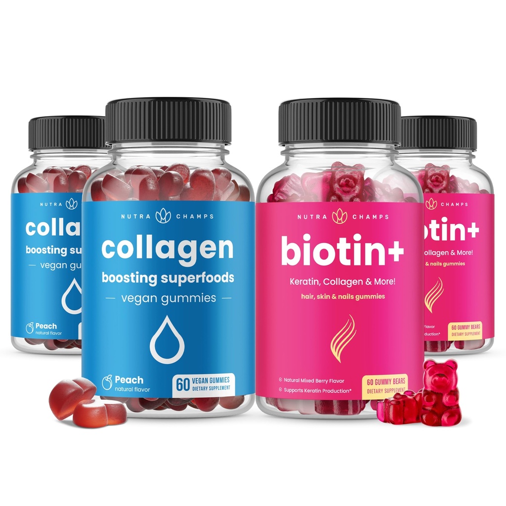 NutraChamps Komplettes Haar, Haut und Nägel Bundle. Biotin, Collagen, Keratin