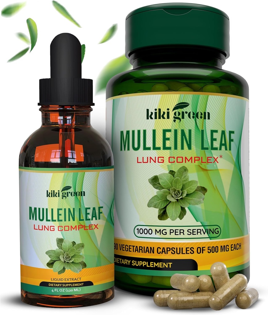KIKI Green Mullein Capsules & Liquid Drops Bundle - Mullein Leaf Extract Supplements, 90 Kapseln + 2 oz - für Atem- und Immununterstützung, bessere Lung-Funktion, Lung Cleanse & Relief