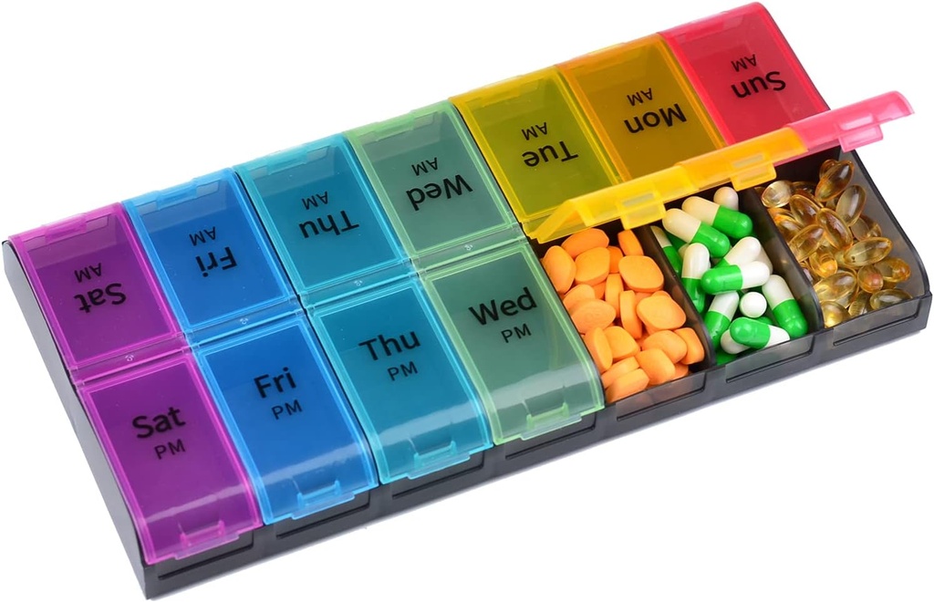 Große Kapazität Wöchentliche Pille Organizer, 7 Tage 2 mal ein Tag große Komponenten Pillen Cases, AM/PM BPA-freie Pille Box Design für Vitamine Fish Oil Supplements Arthritis Friendly (Rainbow)