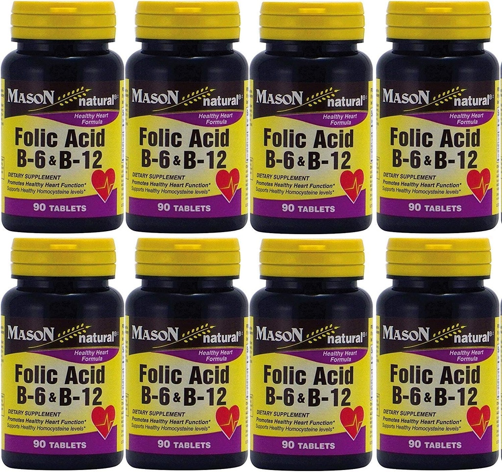 Mason Vitamins Folsäure B-6 & B12 Herzgesundheit Formel 90 Tabletten pro Flaschenpackung von 8 insgesamt 720 Tabletten
