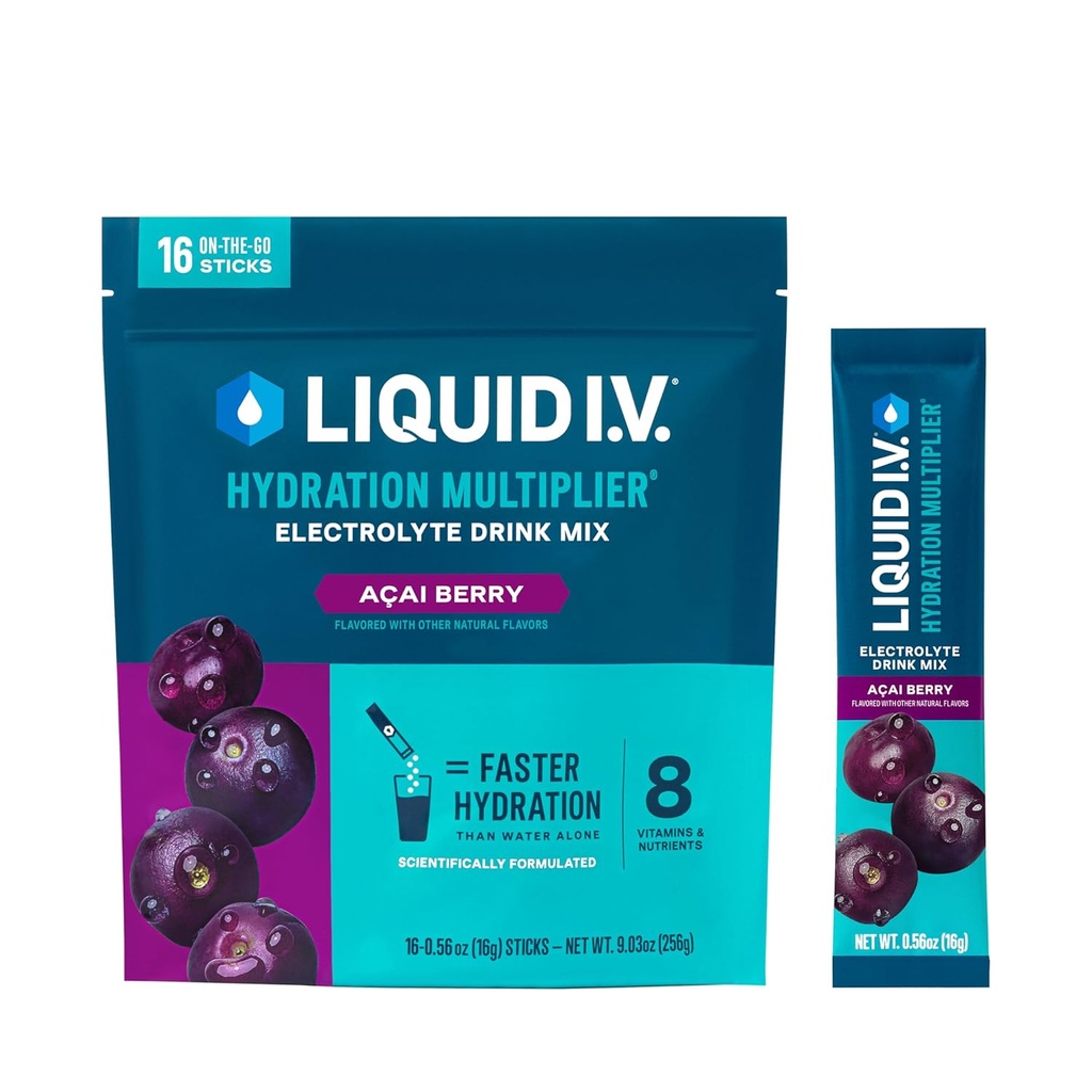 Liquid I.V.® Hydration Multiplier® - Açaí Berry - Hydration Powder Packets | Elektrolytpulver Getränke Mix | Bequeme Single-Serving Sticks | Non-GMO | 16 Servietten (Pack von 12)