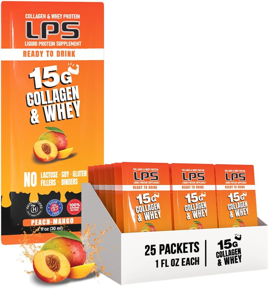 LPS Liquid Collagen & Whey Protein Supplement - Non-GMO Drink, Sugar-Free - fördert gesunde Haut und Haar für Männer & Frauen, Peach Mango, Single Serve (25 Packungen)