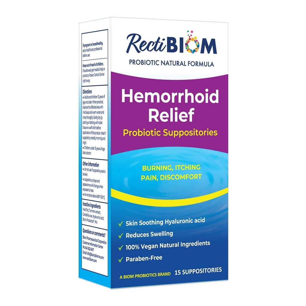RectiBiom Probiotic Hemorrhoid Relief Suppositorien mit Haut beruhigenden natürlichen Inhaltsstoffen, schnelles Relief. Hyaluronsäure und Kurkumaextrakt, Vegan, Glutenfreie Formulierung
