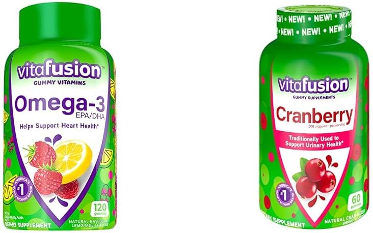 Vitafusion Omega-3 Heart Health Gummy Vitamine mit Cranberry Gummis für Frauen, 120 Count Omega 3 EPA/DHA Berry Lemonade und 60 Count 500mg Cranberry Juice Konzentrat pro Servieren