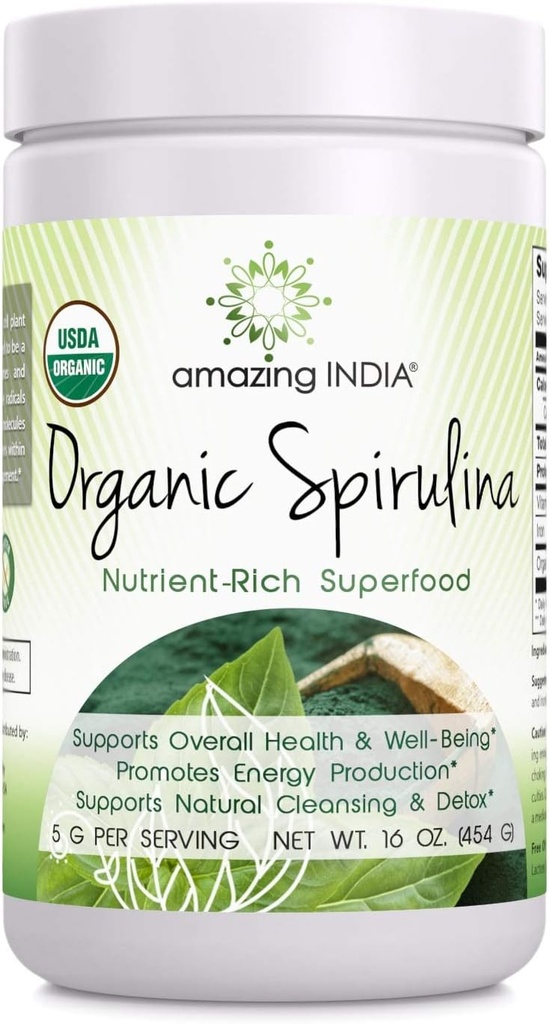 Erstaunliches Indien Bio Spirulina Pulver (Non-GMO) 16 oz (454 gm) - Unterstützt Zellregeneration, Immungesundheit, Entgiftung & Gesamtgesundheit*
