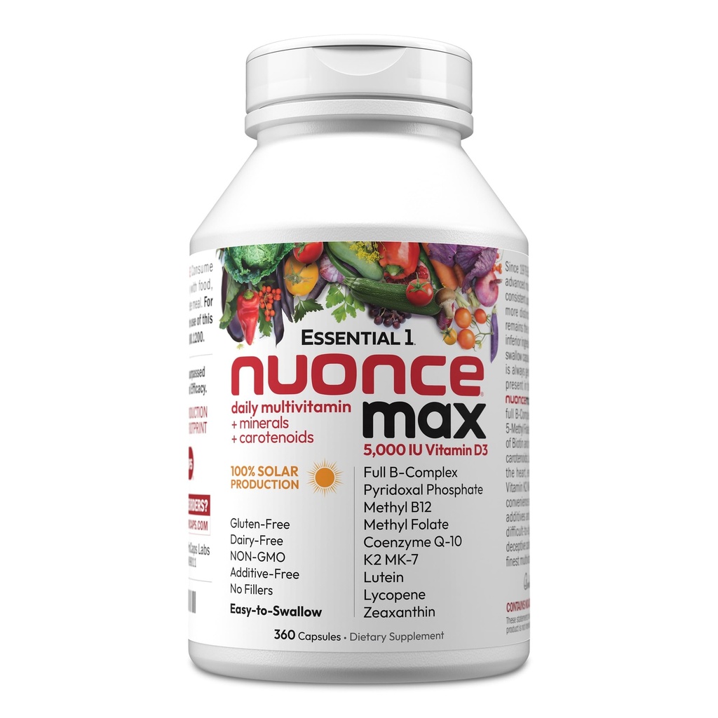ANDREW LESSMAN Essential-1 nuonce max Multivitamin 5000 IU Vitamin D3 360 Small Capsules. 100 mcg Methyl B12. CoQ10 Lutein Lycopene Zeaxanthin. High Potency. No Additives. Ultra-Mild One Daily Capsule