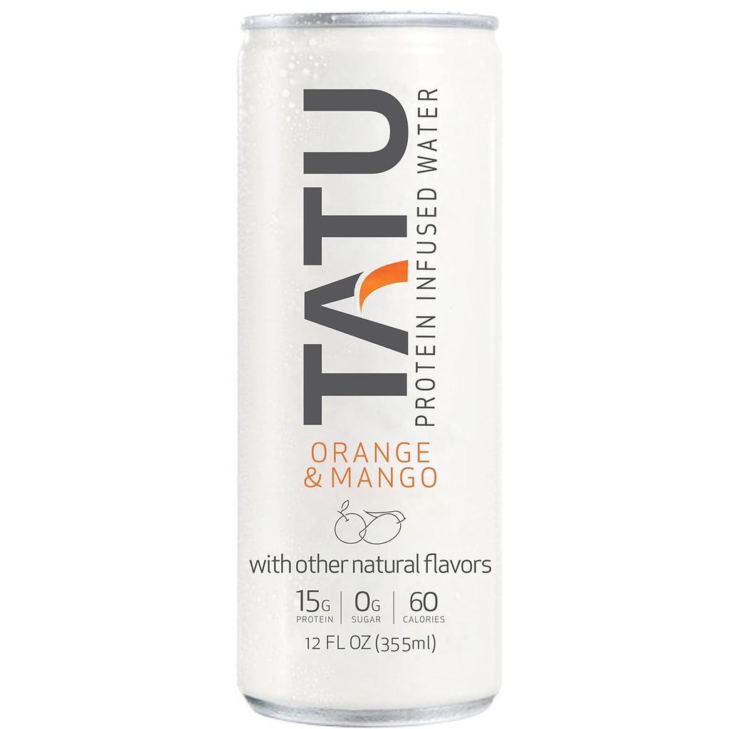TATU Ready-To-Drink Protein Infused Water Orange Mango 4 Pack. 15 Gramm Molkeproteinisolat, 0 Gramm Zucker, nur 60 Kalorien. Lemon Ginger und Orange Mango. Glutenfrei, Laktose frei.