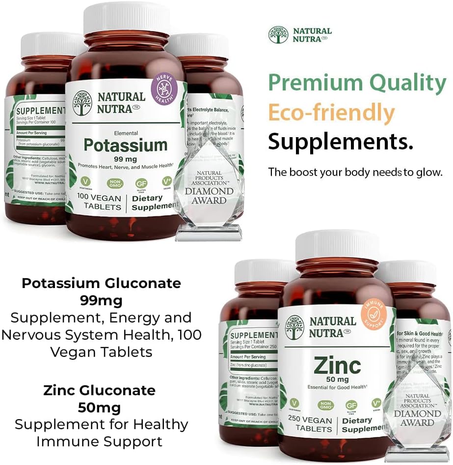 Natürliche Nutra Kalium Gluconate 99 mg und Zink Gluconate 50 mg Ergänzungen hilft Immunität und Energieniveau, Glutenfrei, essentiell für gute Gesundheit.