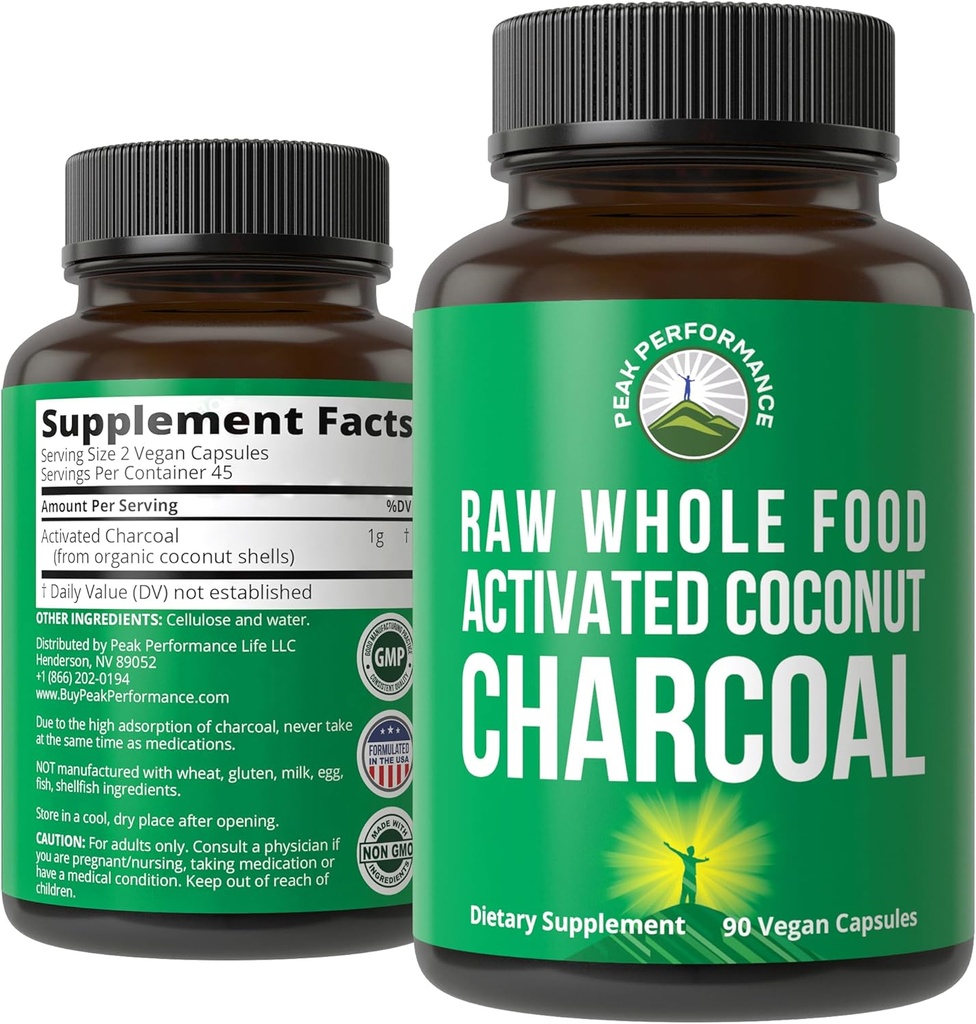 Peak Performance Activated Charcoal Vegan Capsules von Wild Harvested Coconut Shells. Beste sichere Charcoal Pillen Ergänzung für Detox, Gas Relief, Bloating. für Männer und Frauen 90 Alle natürlichen Tabletten