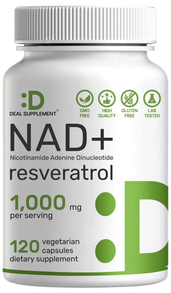 NAD+ Resveratrol Supplement 1000mg pro Servierung, 120 Veggie Kapseln | 2-in-1 Extra Strength NMN Supplement Alternative | NAD für Frauen & Männer | Förderung von Energie, Anti-Aging & Cell Regeneration – Non-GMO