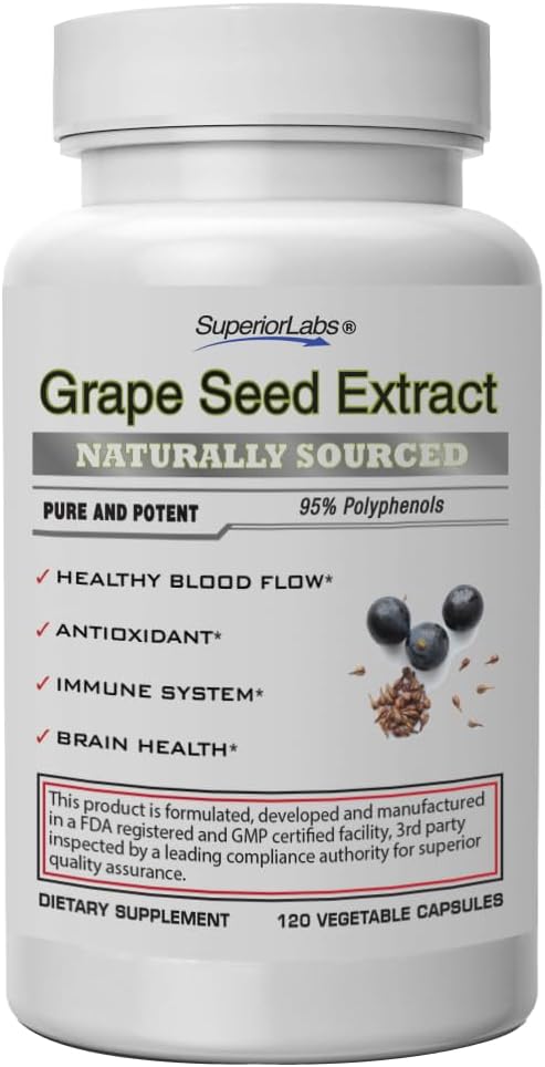 Überlegene Labors Traubensaftextrakt, 400mg, 120 pflanzliche Kapseln, 95% Polyphenole, hohe Antioxidantiengehalte, Gesunder Blutfluss, Unterstützt Immunsystem und Gehirngesundheit