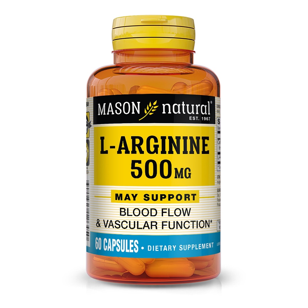 MASON NATURAL L-Arginine 500 mg with Calcium- Supports Healthy Circulation & Vascular Function, Nitric Oxide Supplement, 60 Capsules